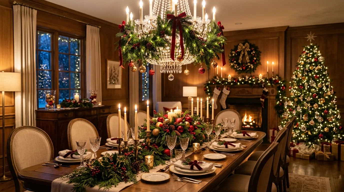 A festive Christmas fireplace hearth with baskets logs and glowing lanterns, no people
