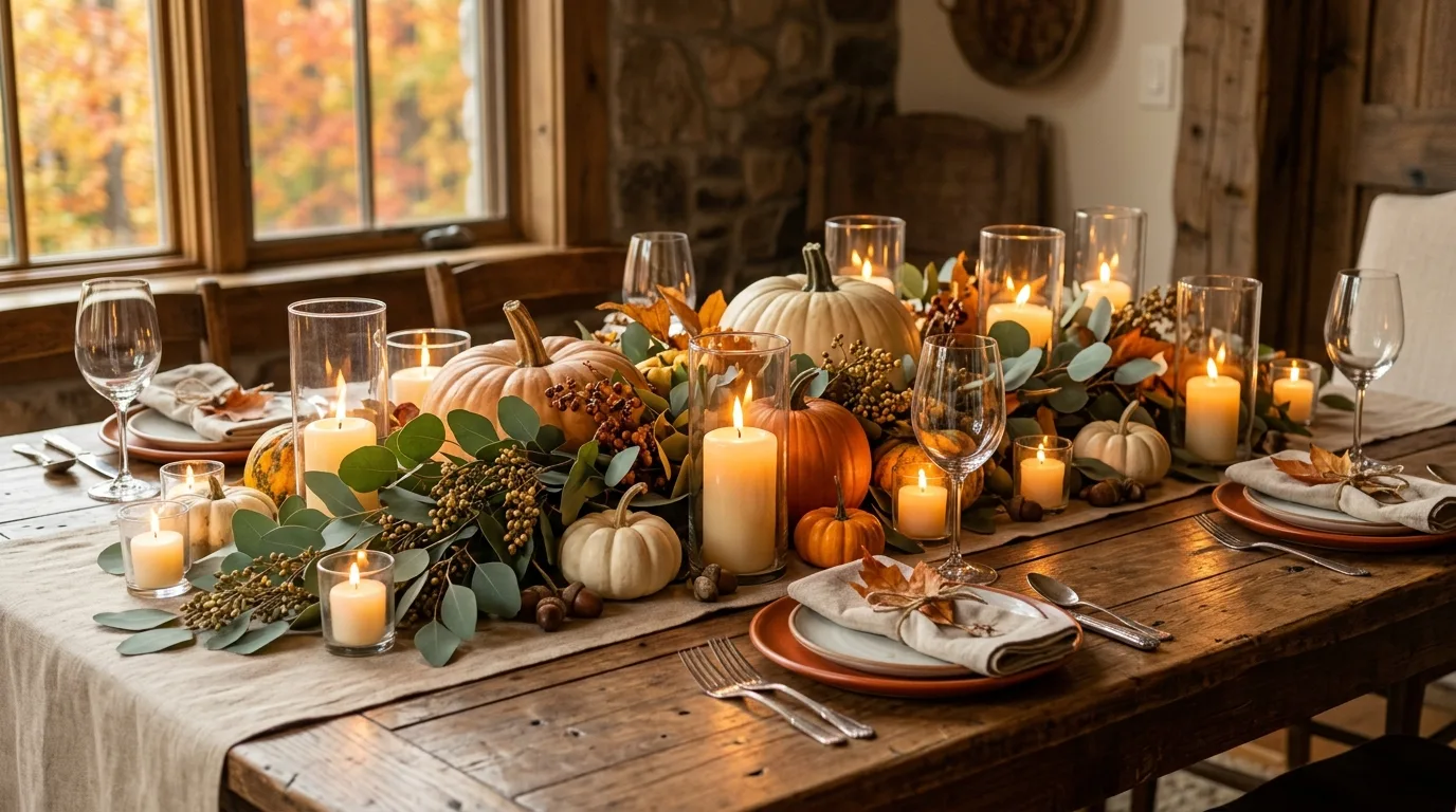 A stunning fall table centerpiece with a low pumpkin runner and votive candles, no people