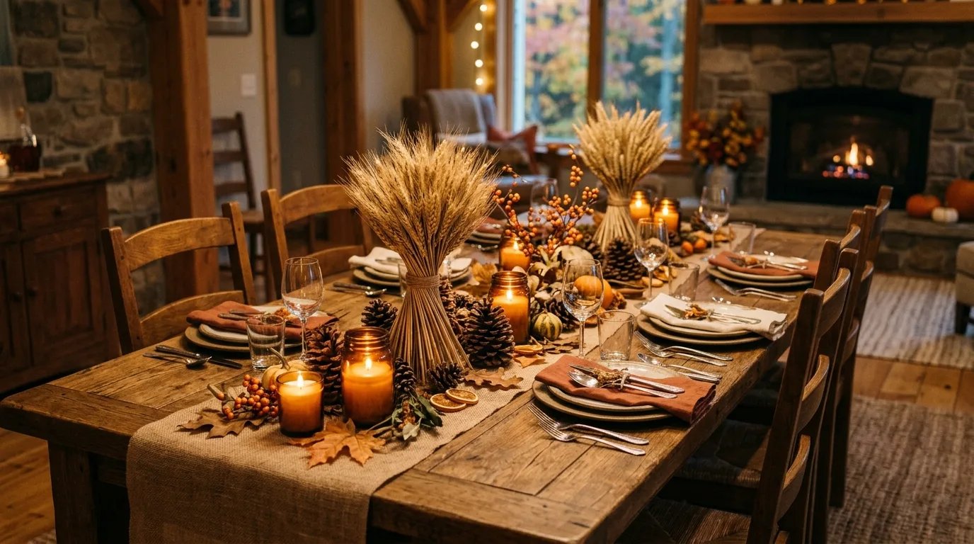 A fall table centerpiece in a wooden dough bowl with gourds moss and dried leaves, no people