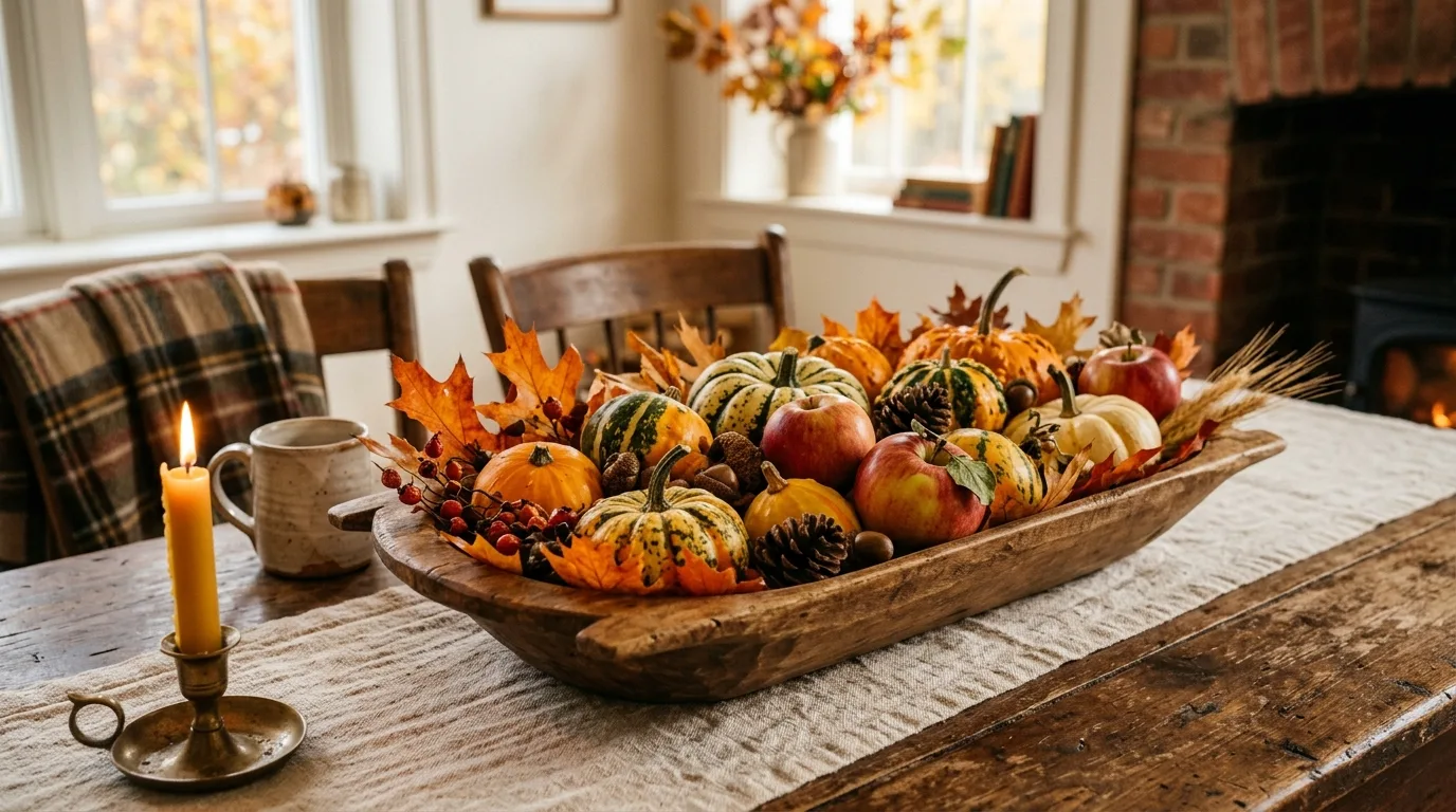 A fall table centerpiece with a brass bowl pears apples and gathered branches, no people