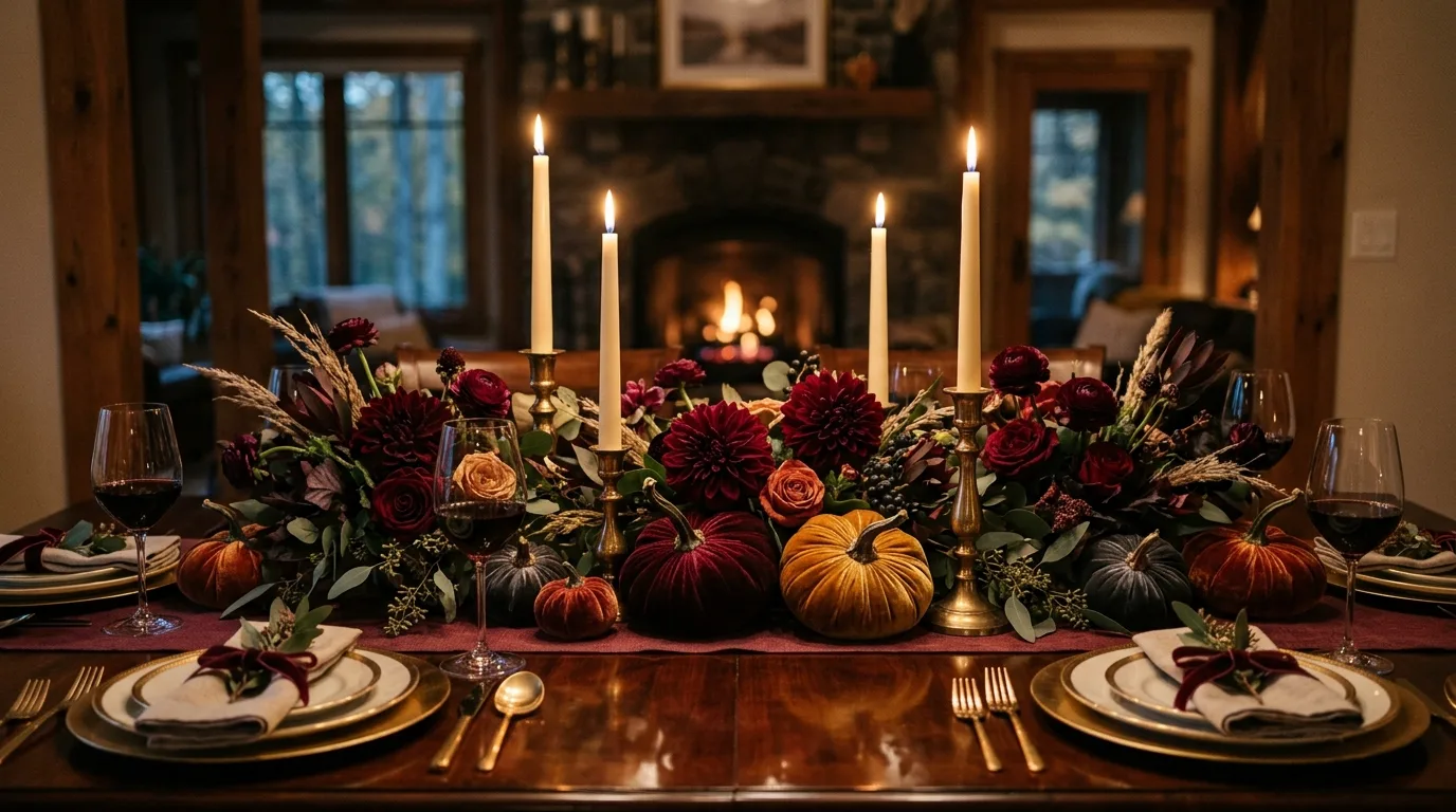 A stunning fall centerpiece with lanterns mini pumpkins and seed pods, no people