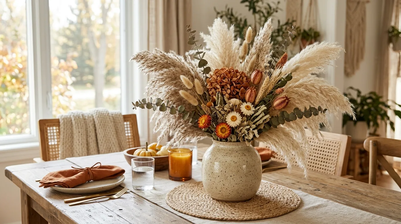 A stunning fall centerpiece with a wicker basket wheat bundles and trailing ivy, no people
