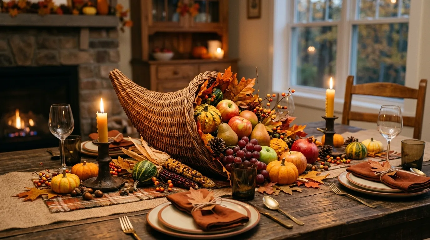 A moody fall table centerpiece with plum florals dark leaves and taper candlelight, no people