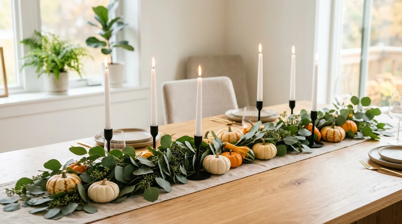 A fall table centerpiece with eucalyptus brass candlesticks and tiny gourds, no people