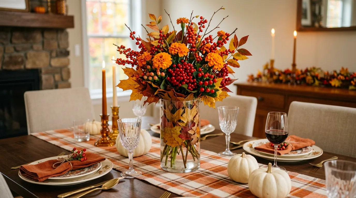 A fall table centerpiece in a pottery compote with dahlias figs and trailing stems, no people