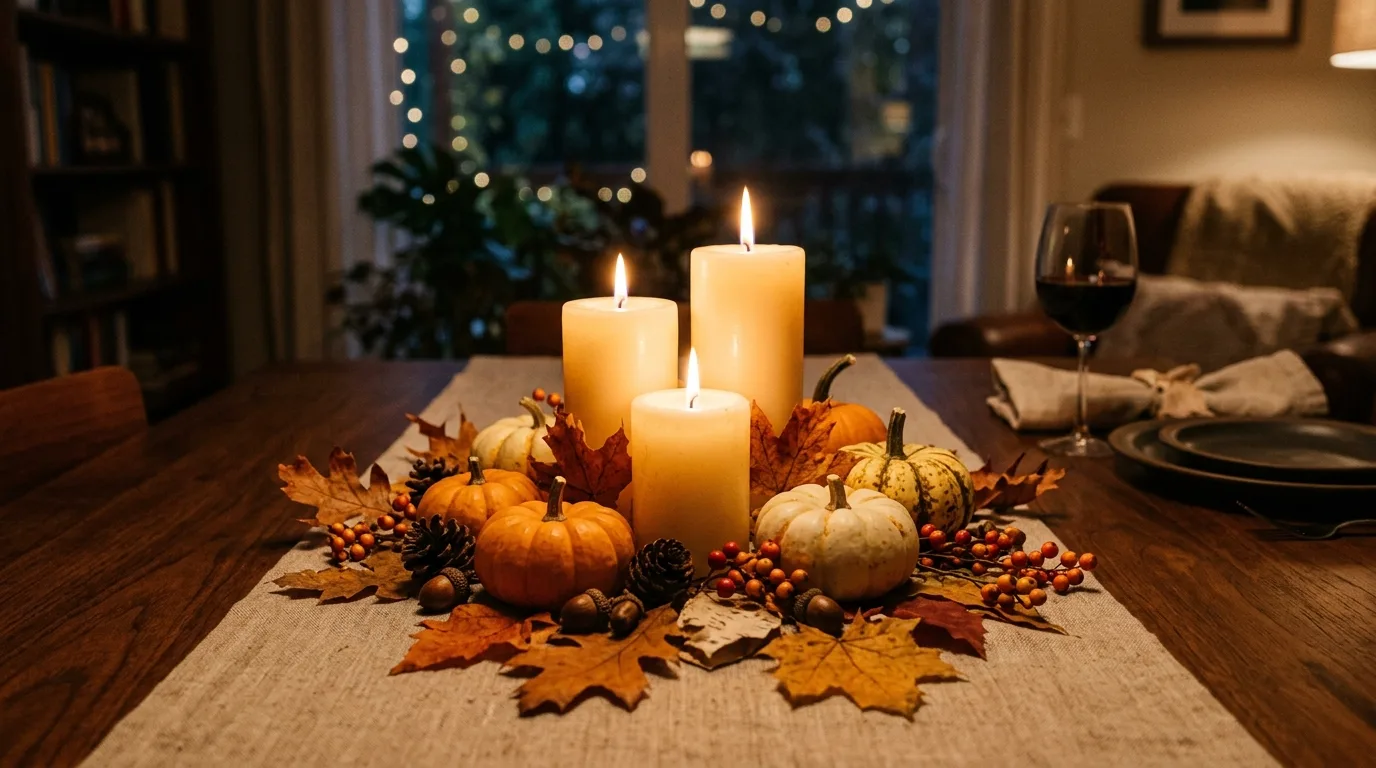 A long autumn table with a trio of smaller fall centerpieces, no people