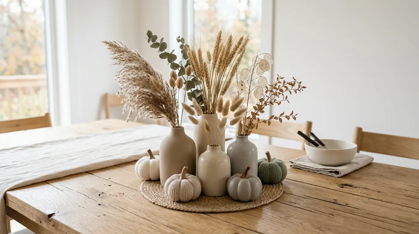 A stunning fall centerpiece for a round table with a full floral bowl and candles, no people