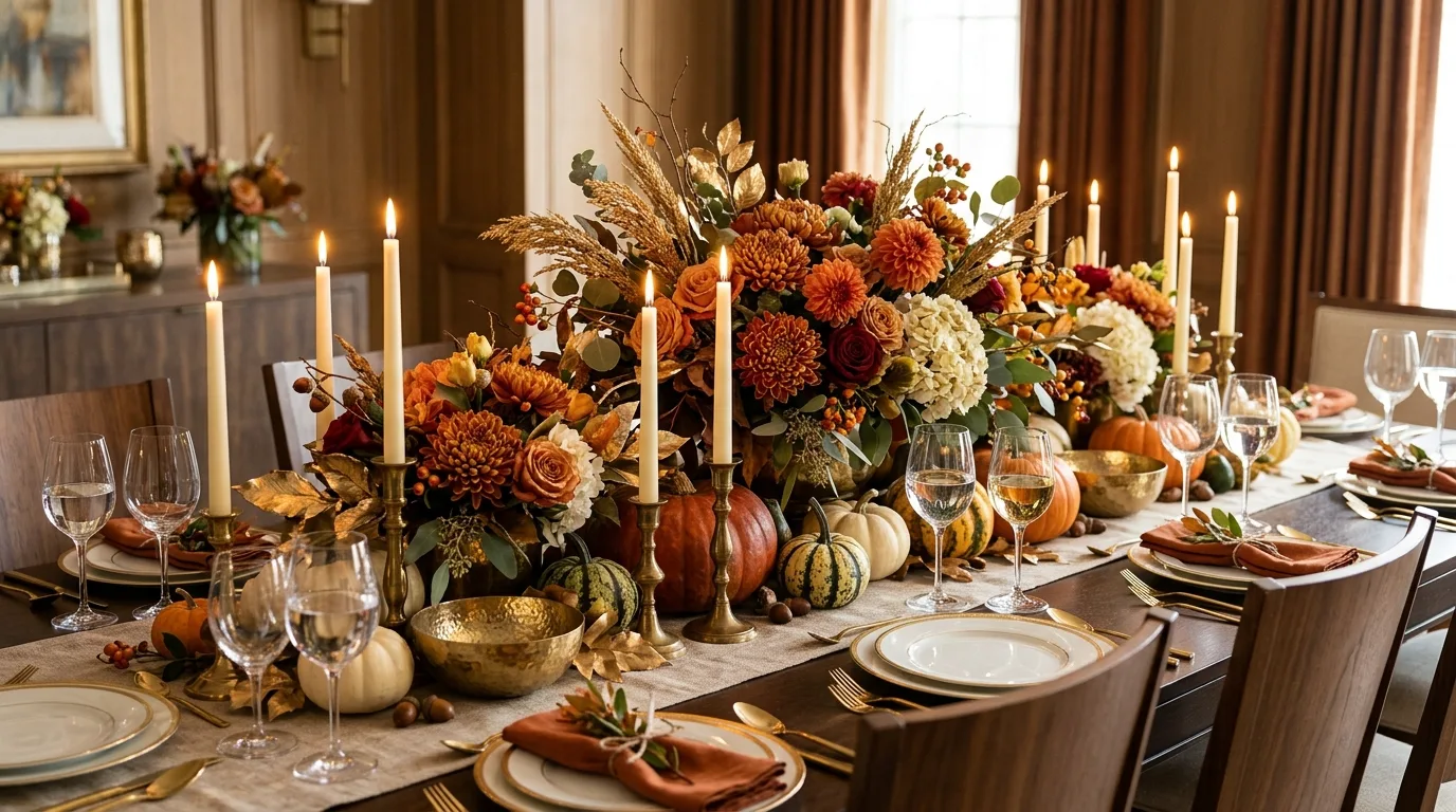 A farmhouse fall table centerpiece with mixed heights and gathered harvest color, no people