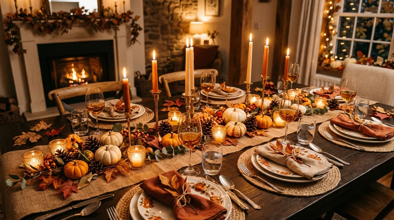 A festive Thanksgiving party entry table decorated with pumpkins, layered candles, fall florals, and warm neutral linens, no people