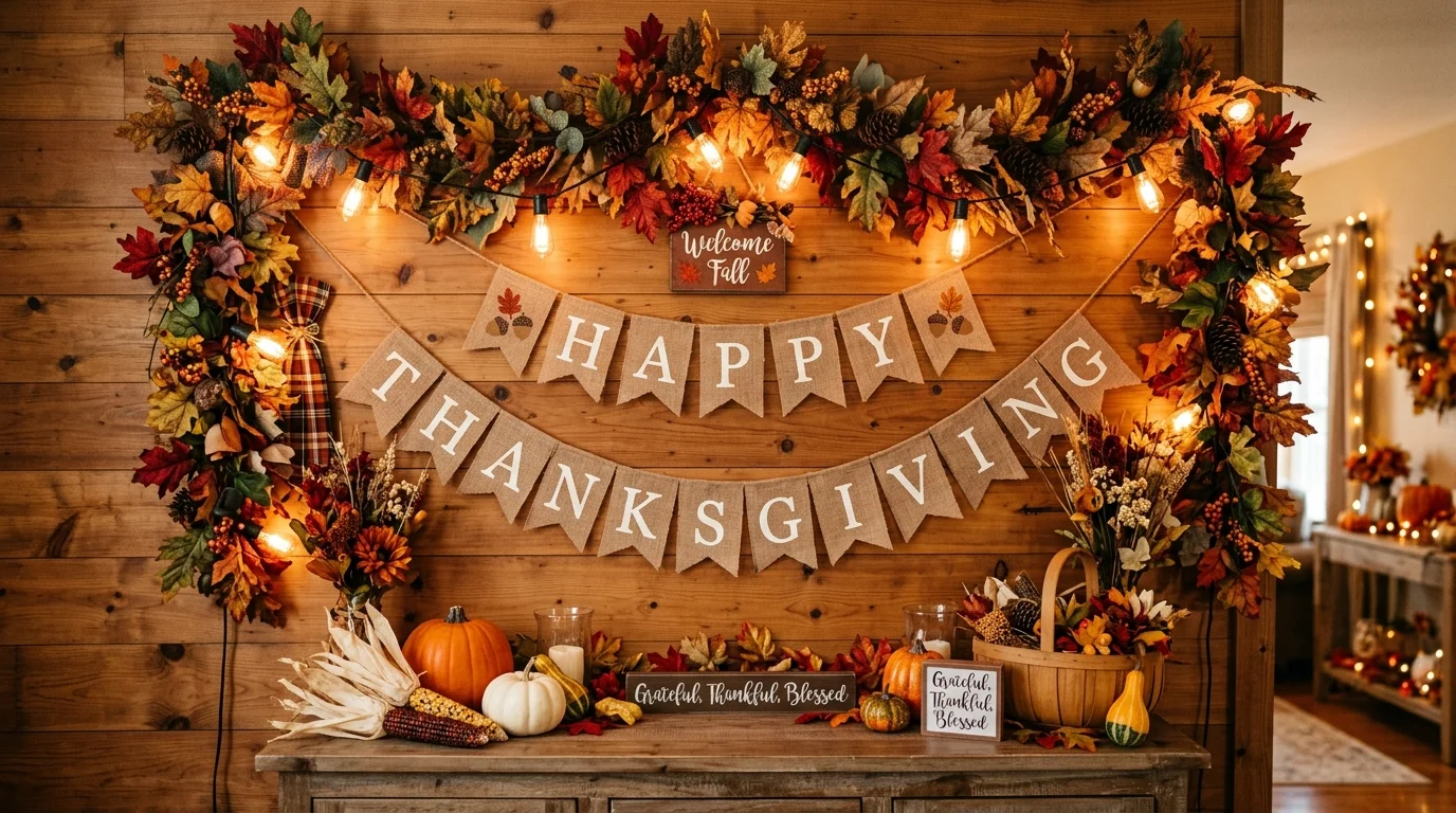 A Thanksgiving dessert table decorated with autumn leaves, pie signs, layered cake stands, and warm holiday accents, no people