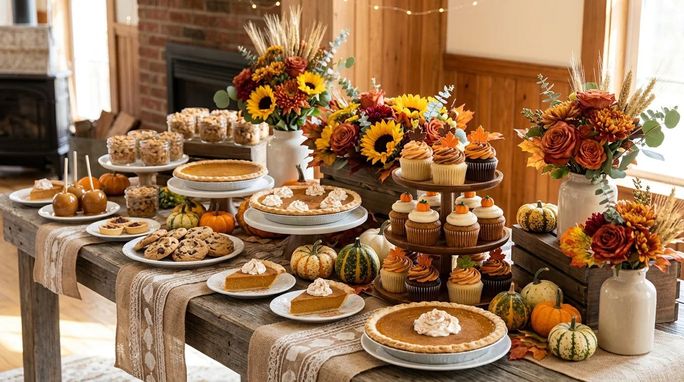 A buffet table dressed with a full autumn leaf garland, pumpkins, serving platters, and harvest-toned party decor, no people