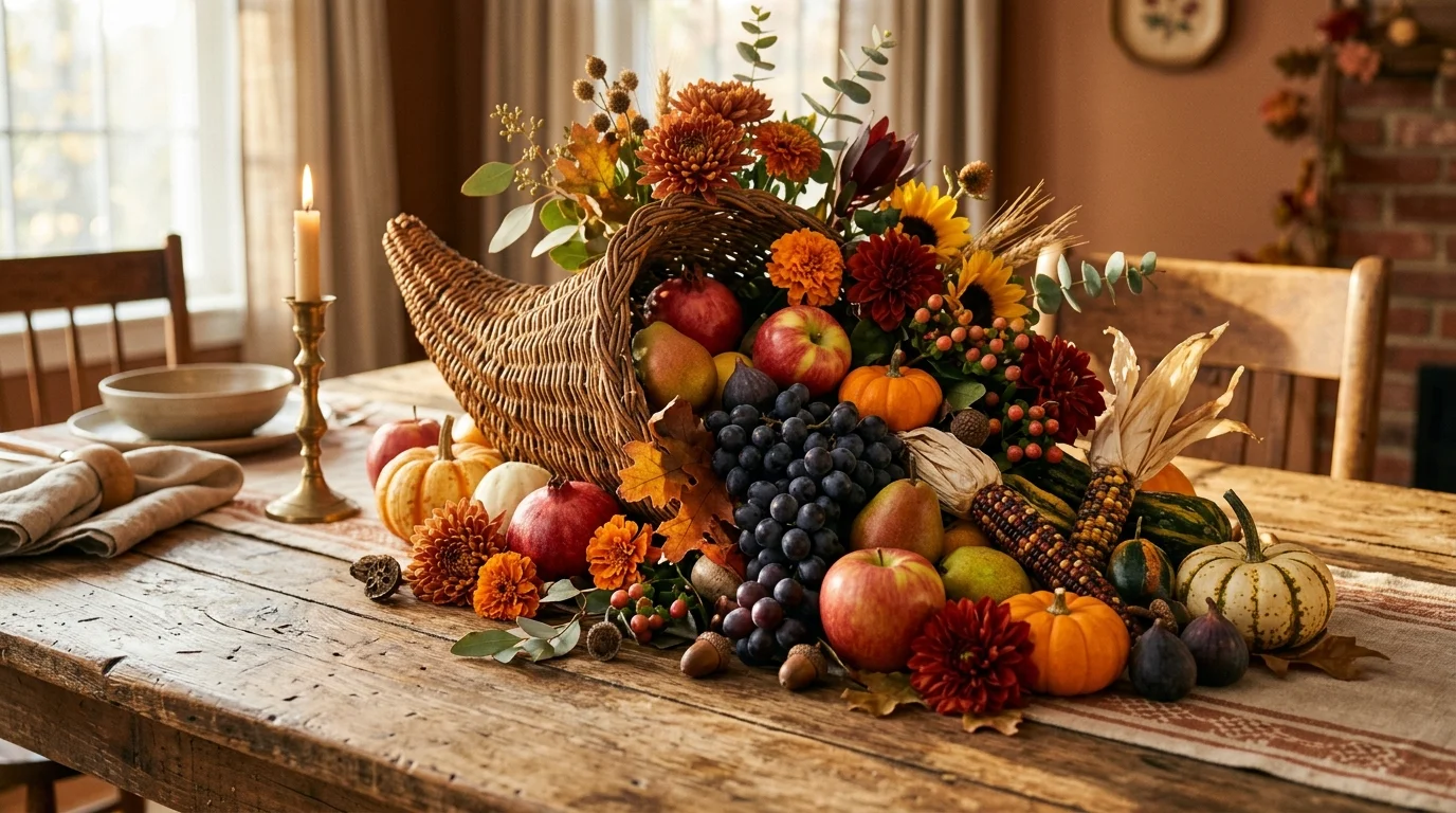 A Thanksgiving kids table with colorful napkins, playful turkey accents, mini pumpkins, and cheerful party styling, no people