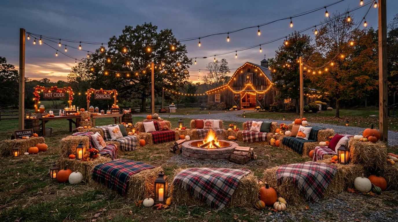 An outdoor Thanksgiving party buffet styled with lanterns, plaid blankets, pumpkins, and cozy backyard entertaining decor, no people