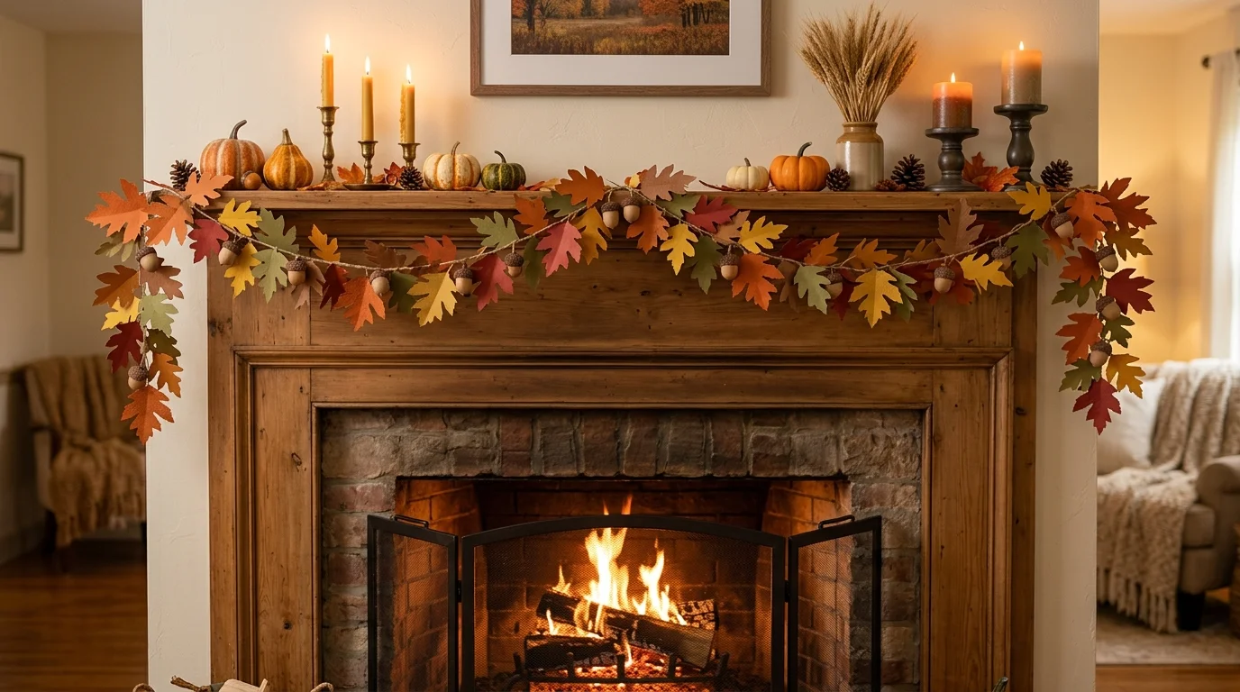 A charming Thanksgiving pie station with labeled desserts, stacked stands, vintage serving pieces, and autumn decor accents, no people