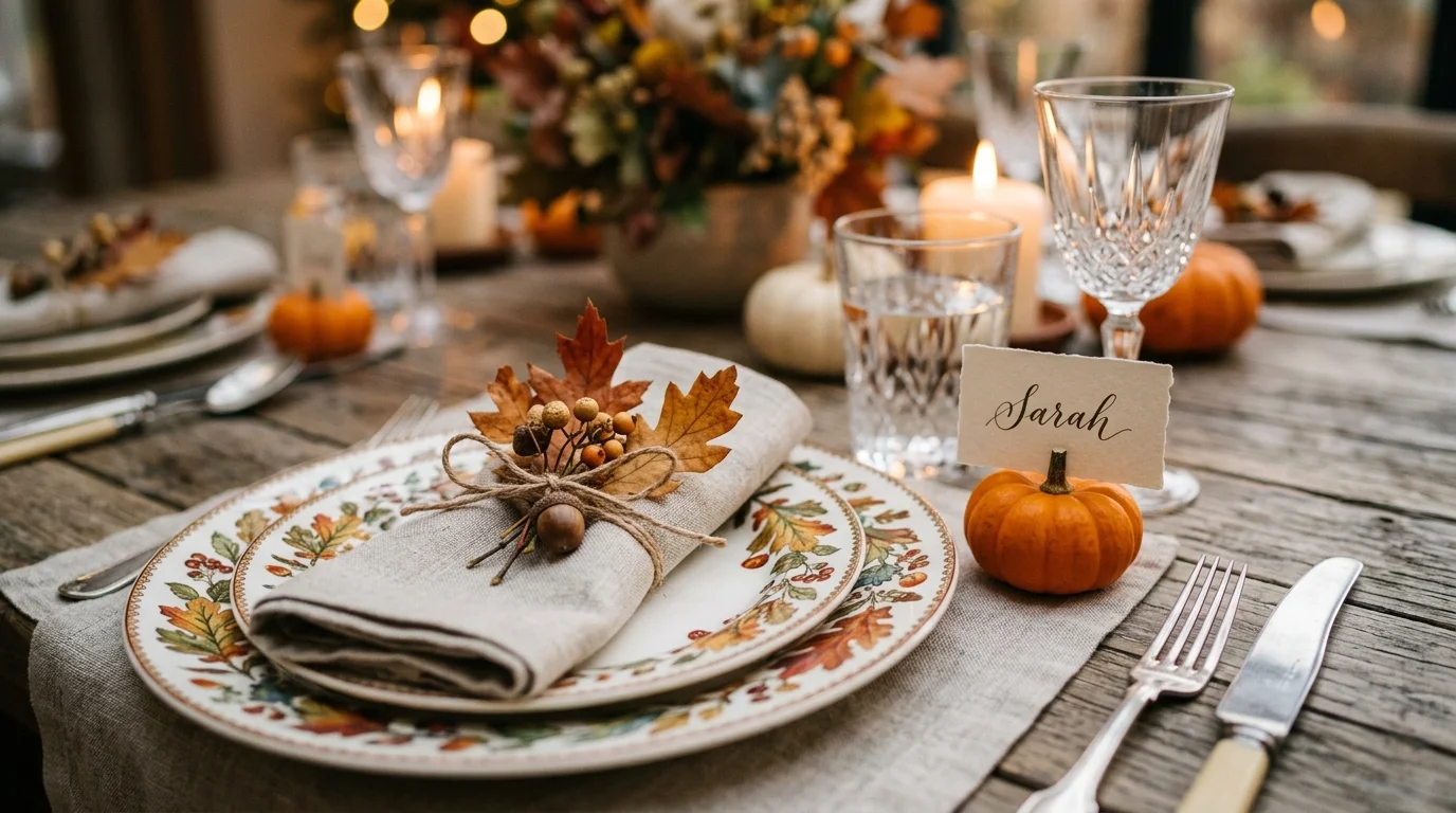 A Thanksgiving party mantel decorated with candles, garland, pumpkins, and layered fall textures in a warm hosting space, no people