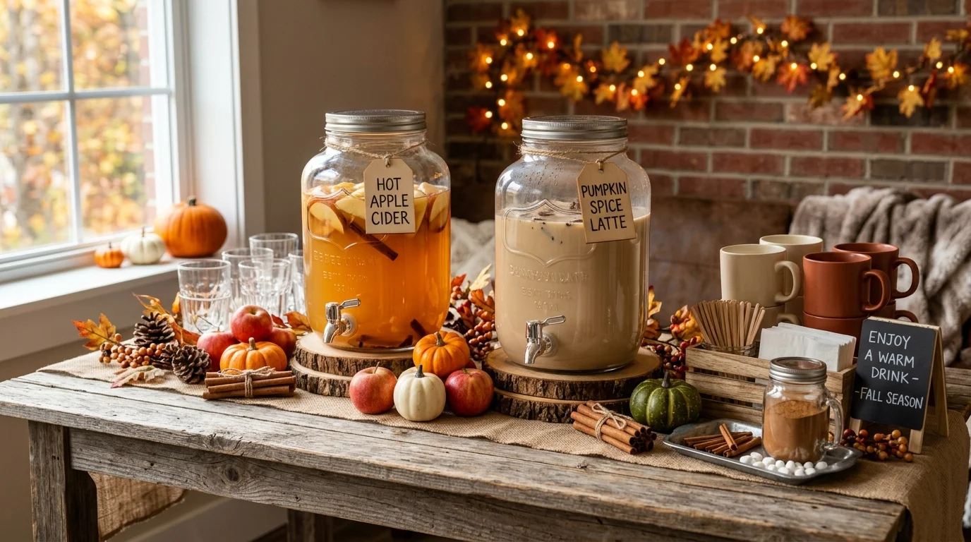 Dining chairs dressed with ribbon ties, name tags, and subtle harvest accents for a Thanksgiving gathering, no people