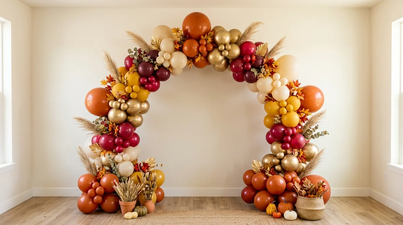 A festive Thanksgiving feature wall styled with warm-toned balloons, autumn foliage, and celebratory party decor, no people