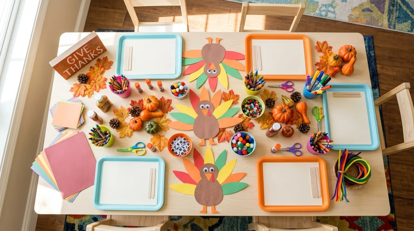 A Thanksgiving favor bar with packaged treats, handwritten labels, fall leaves, and cozy party accessories, no people