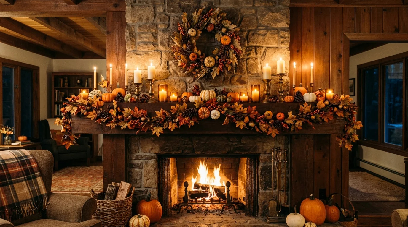 A Thanksgiving porch display with grouped lanterns, pumpkins, fall florals, and inviting evening party lighting, no people