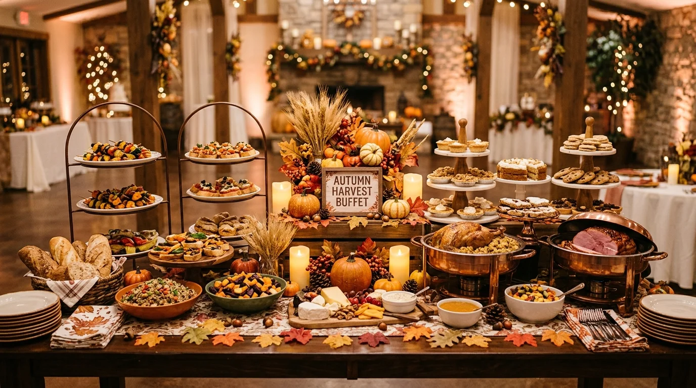 A Thanksgiving party wall decorated with paper fans in burnt orange, rust, cream, and gold for a modern festive display, no people