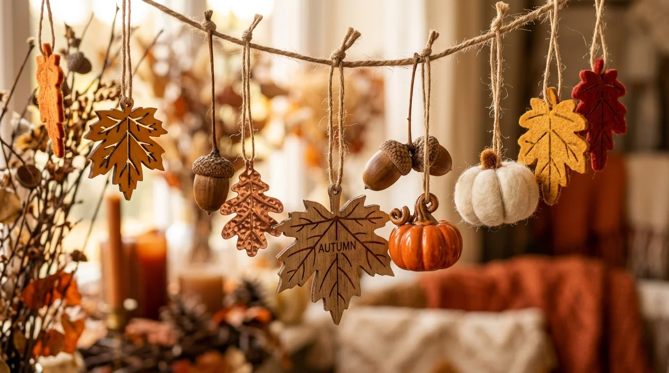 A cozy Thanksgiving gratitude corner styled with signs, candles, dried stems, and warm harvest party decor, no people