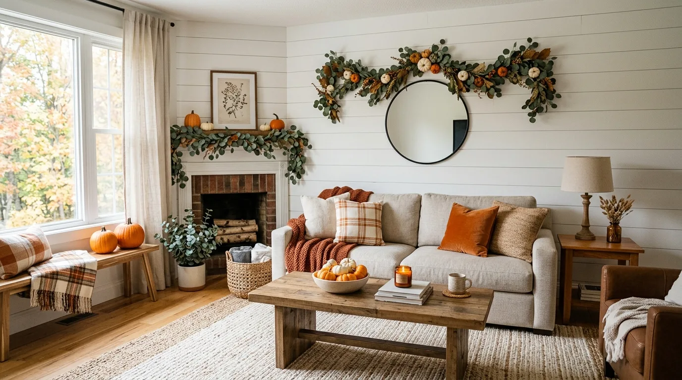 A modern fall farmhouse living room in greige with muted pumpkins and sculptural branches, no people