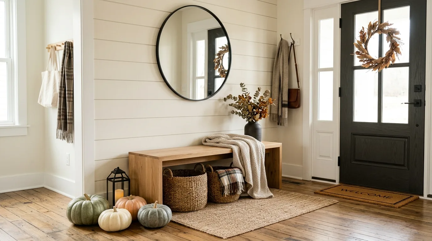 A modern fall farmhouse front door with a simple wreath and lantern pair, no people