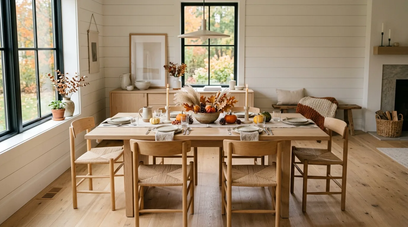 Modern fall farmhouse kitchen shelves with crocks copper and pale mini pumpkins, no people