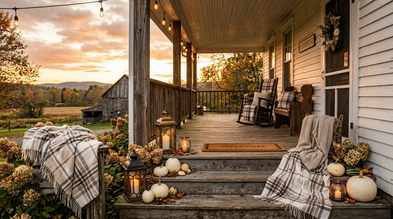 A modern fall farmhouse dining table with a linen runner ceramic vessels and smoke glass, no people