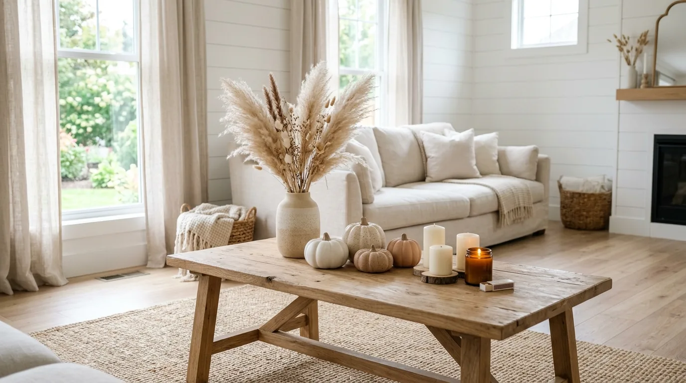 A modern fall farmhouse bedroom bench with a rust throw pampas grass and soft lighting, no people
