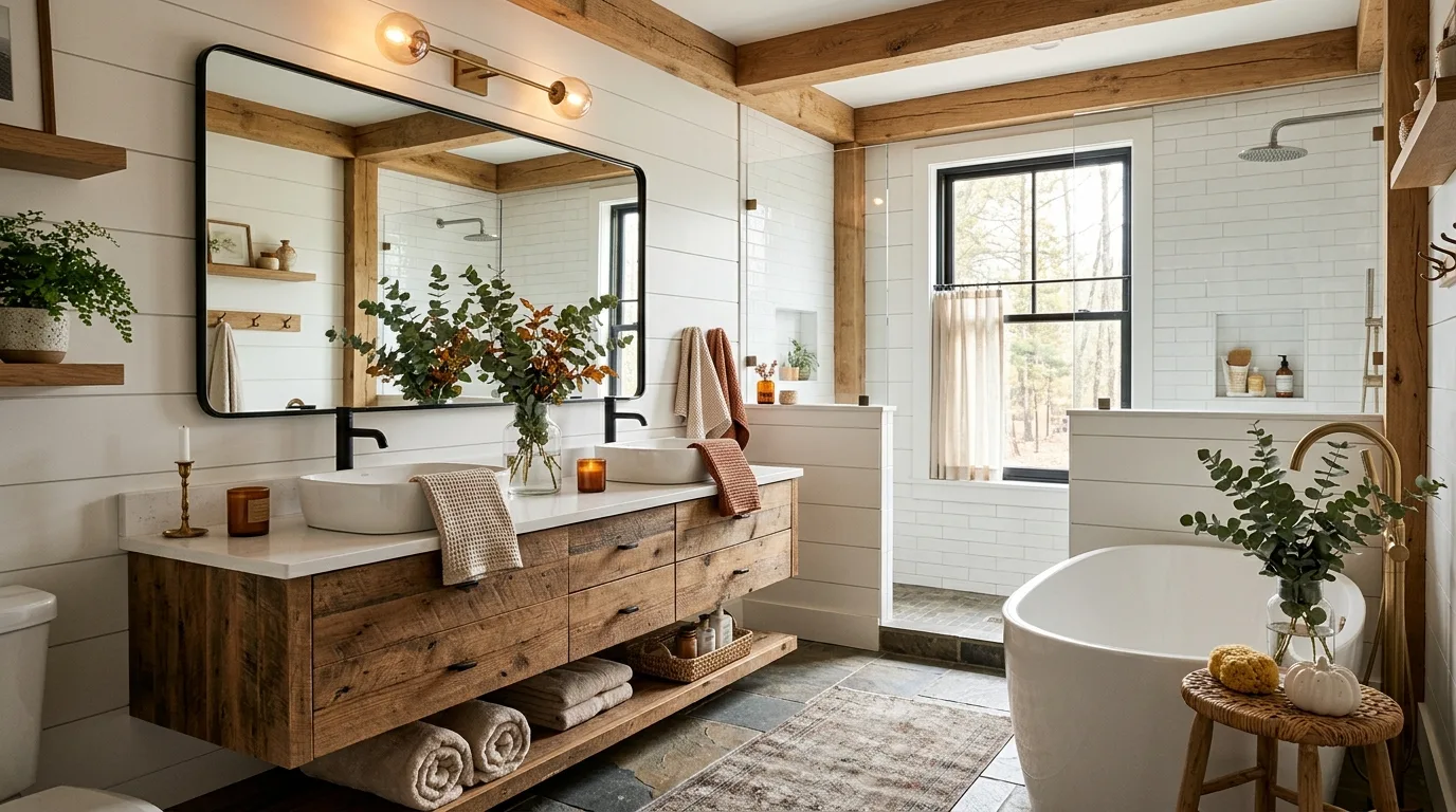 A modern fall farmhouse stair landing with baskets pale gourds and olive branches, no people