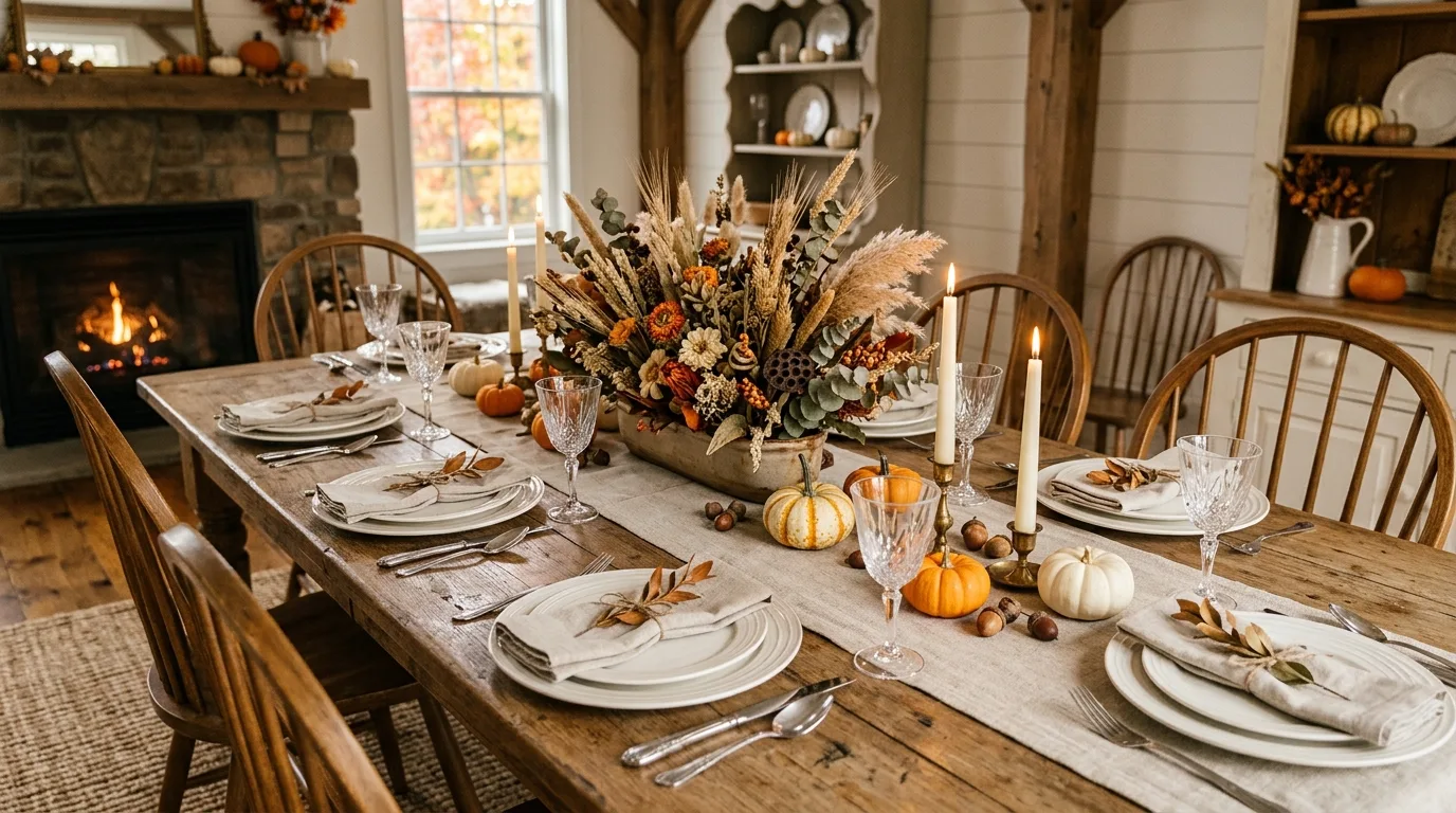 A modern fall farmhouse coffee table tray with ceramic pumpkins candles and brown glass, no people