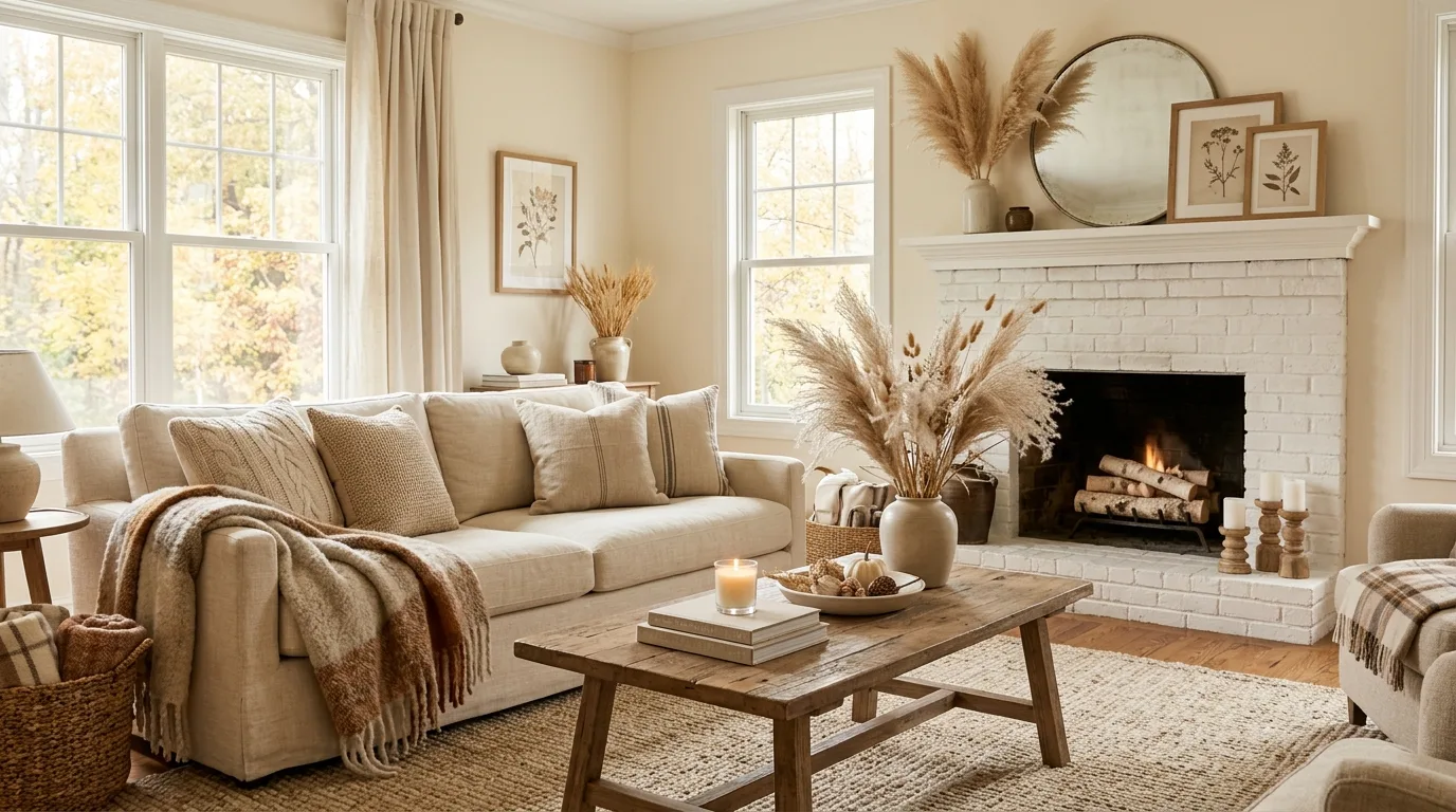 An elegant non Halloween fall mantel with pale pumpkins brass candlesticks and olive branches, no people