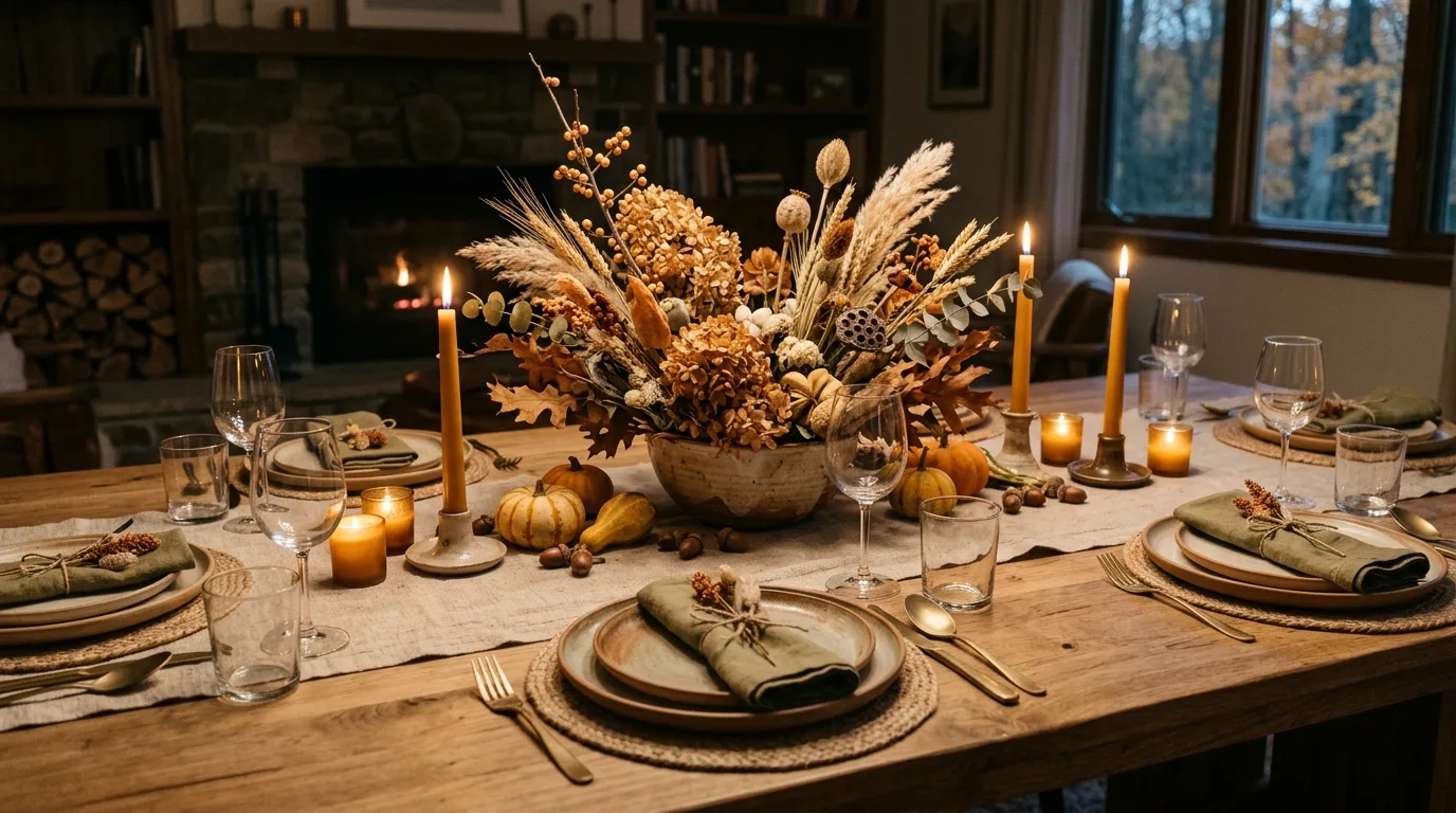 A sophisticated non Halloween fall entry console with amber glass wheat stems and linen, no people