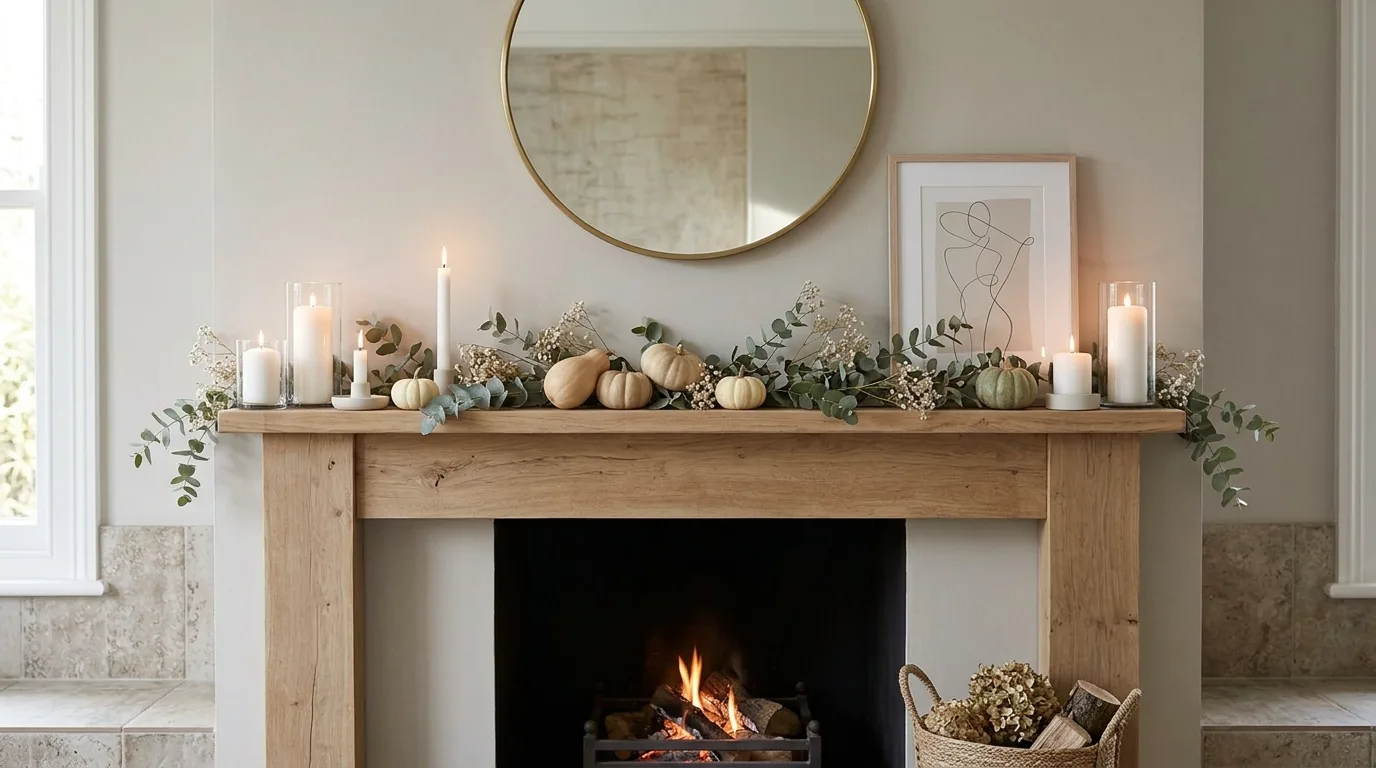 A sophisticated non Halloween fall fireplace hearth with baskets dried hydrangeas and wood tones, no people