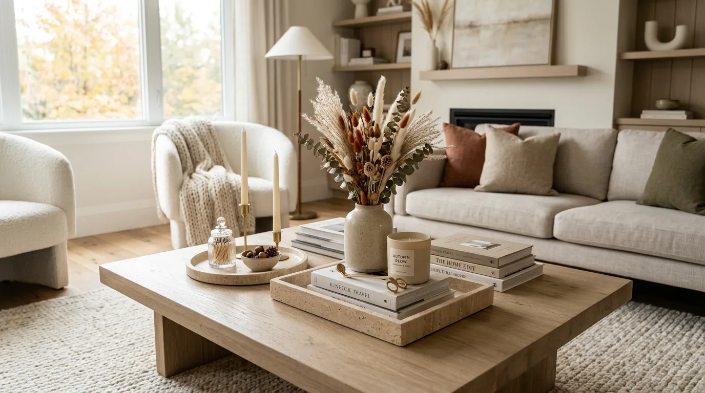 A sophisticated non Halloween fall coffee table with brown glass candles and wood beads, no people