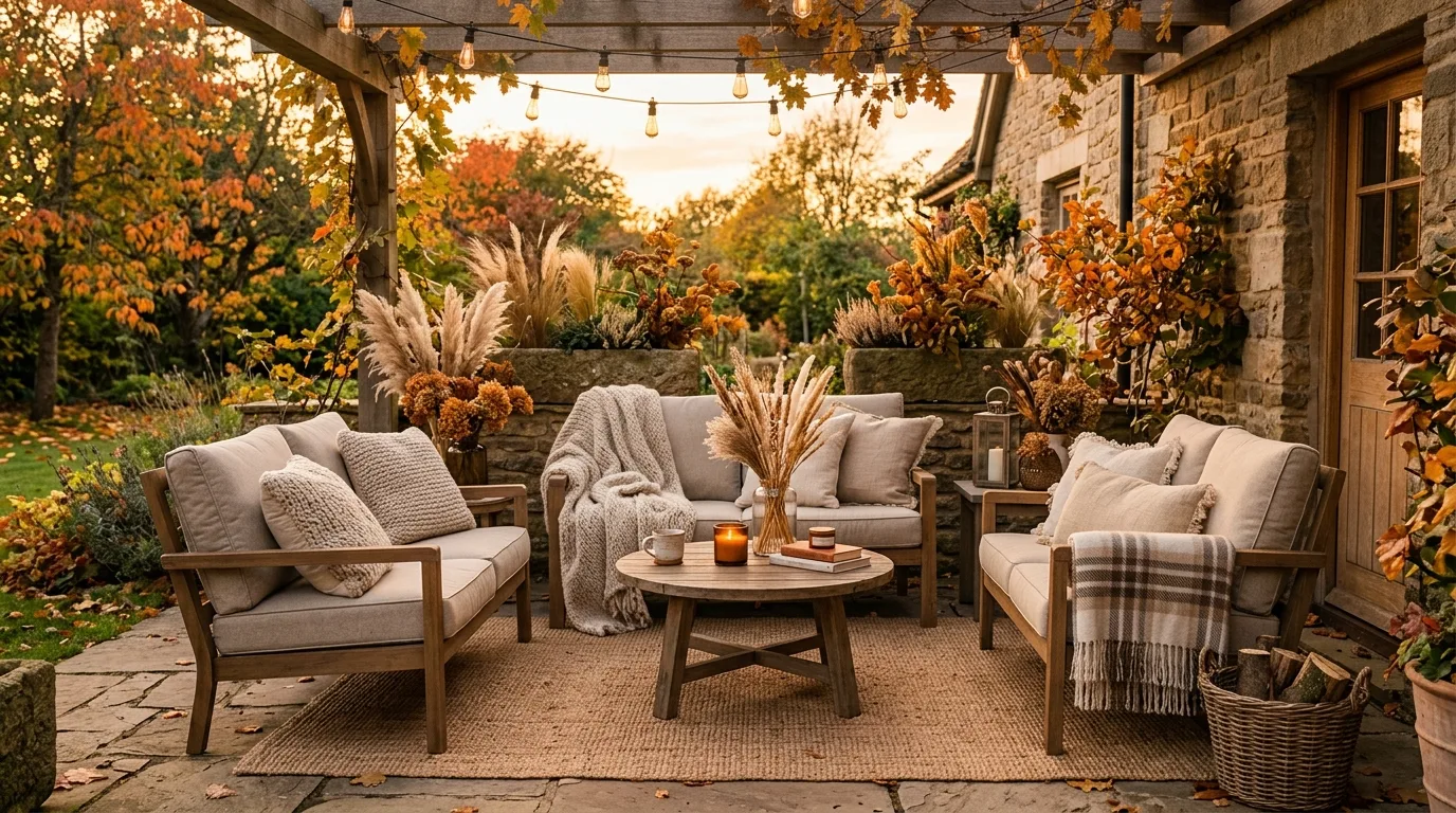 An elegant non Halloween fall open shelf with pottery linen and restrained branches, no people