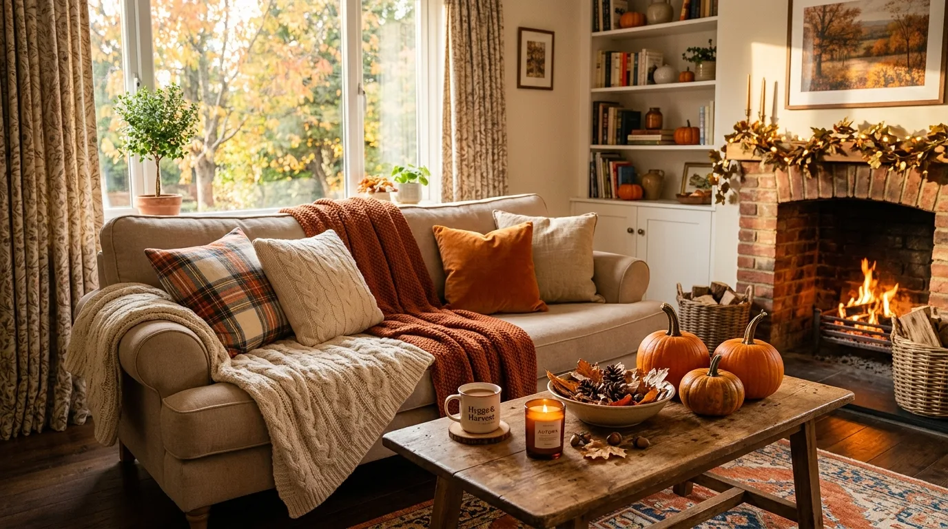 A cozy fall mantel with candles garland and mini pumpkins, no people