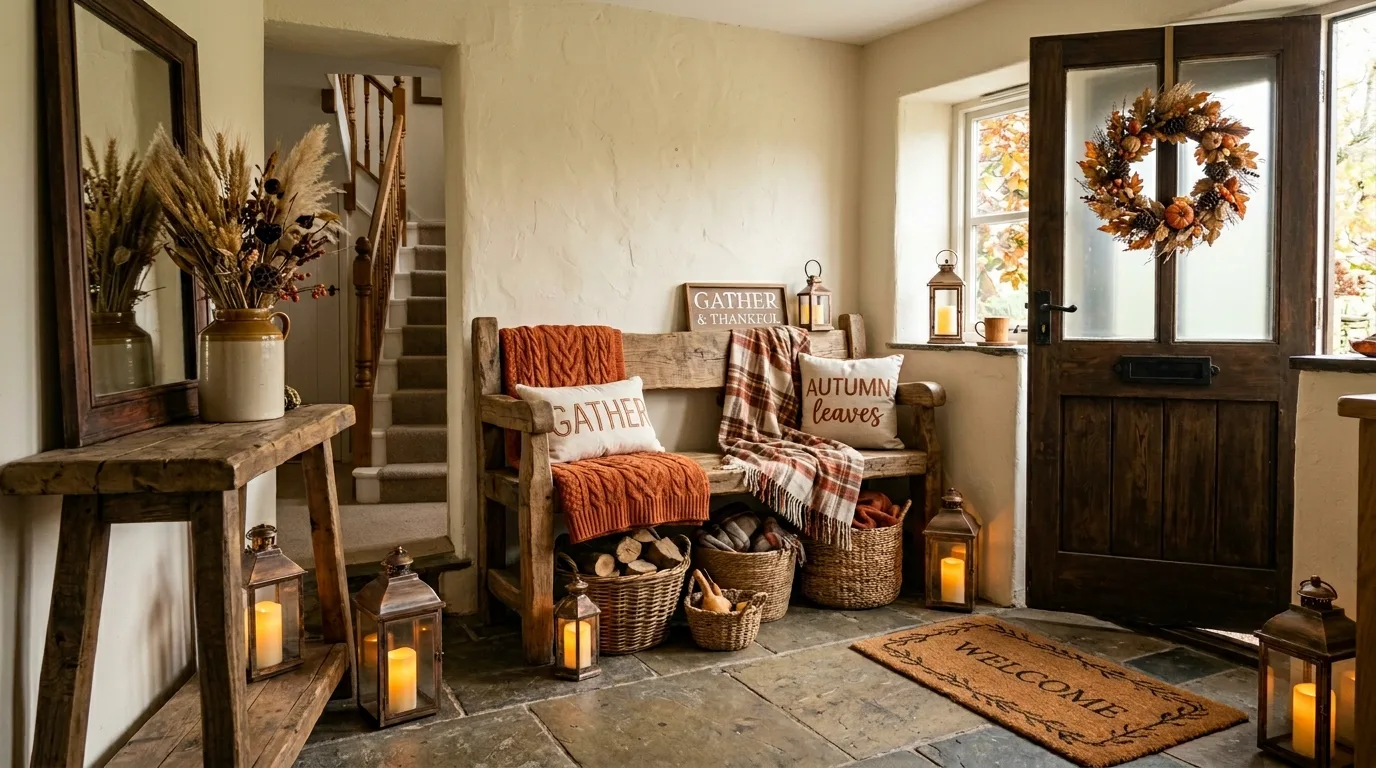 A cozy fall living room corner with plaid throws knit pillows and blanket basket, no people