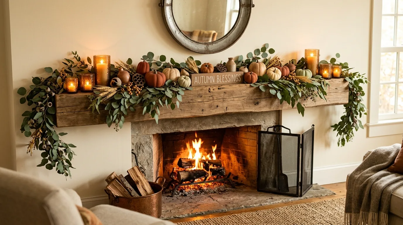 A cozy fall entry bench with lanterns rust cushions and tiny gourds, no people