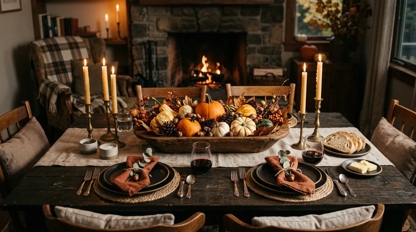 A cozy fall coffee table tray with cinnamon candles acorns and brown glass, no people