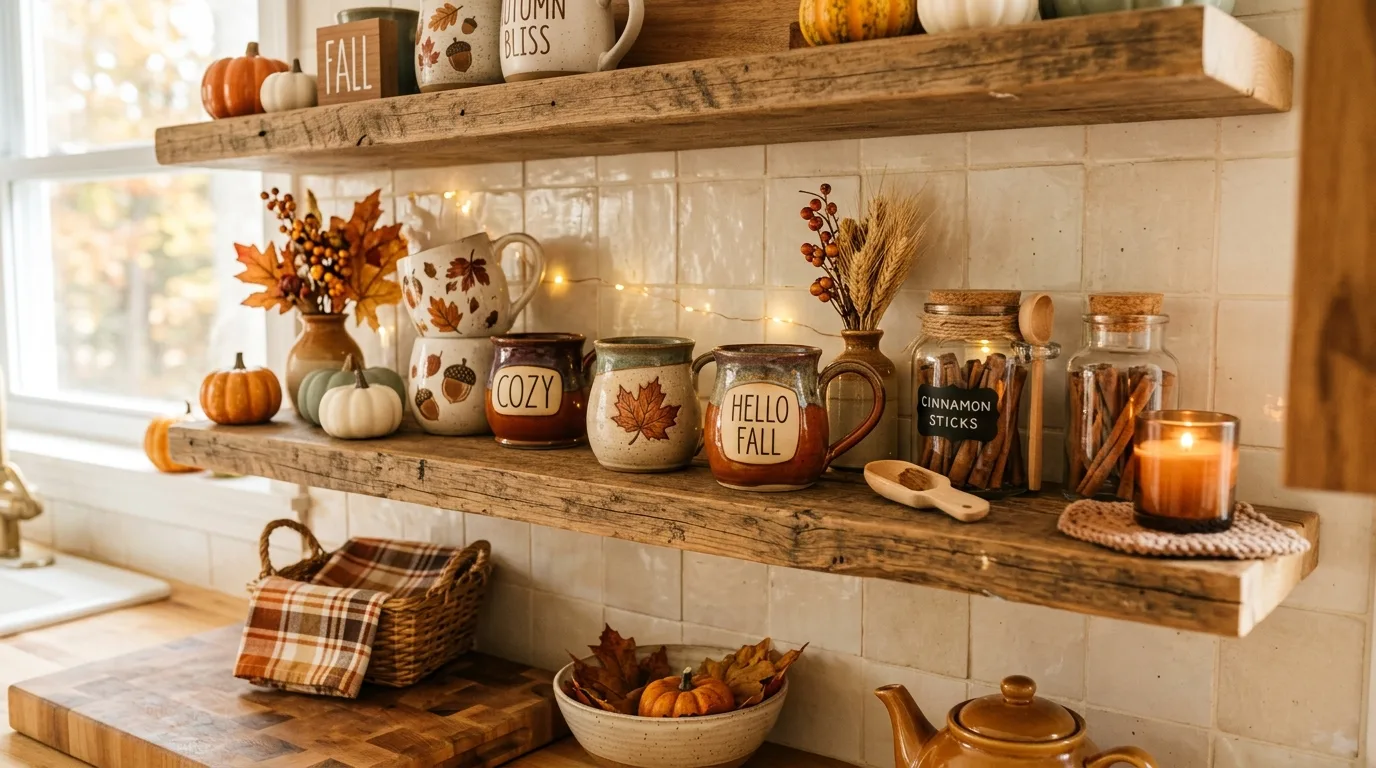 A cozy fall porch with mums pumpkins and a striped doormat, no people