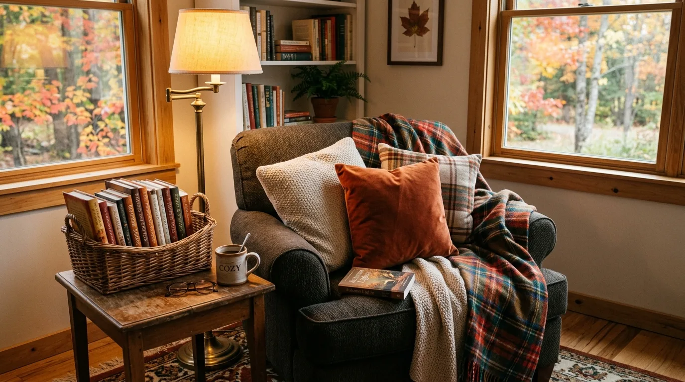 A cozy fall bedroom nightstand with warm lamp dried stems and candle, no people