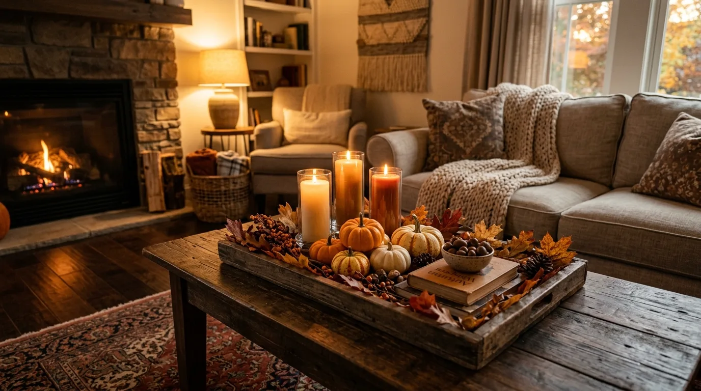 A cozy fall kitchen island with wood board apples and linen, no people