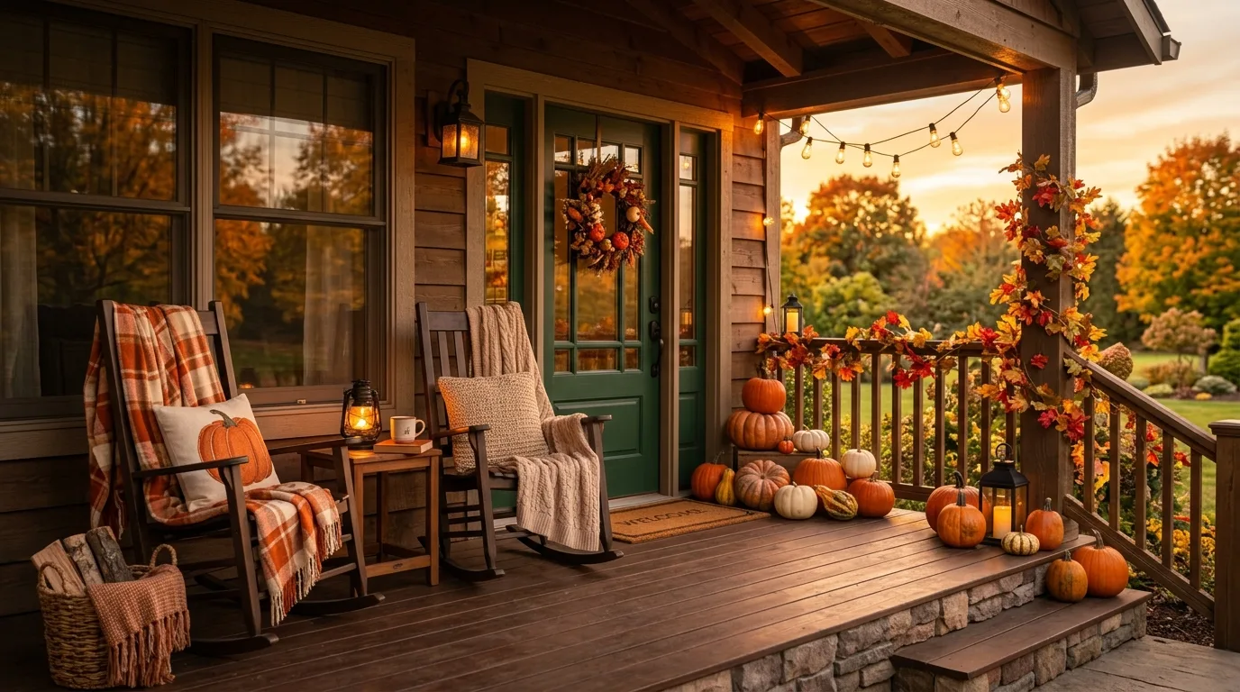 A cozy fall fireplace hearth with stacked logs lanterns and knit pouf, no people