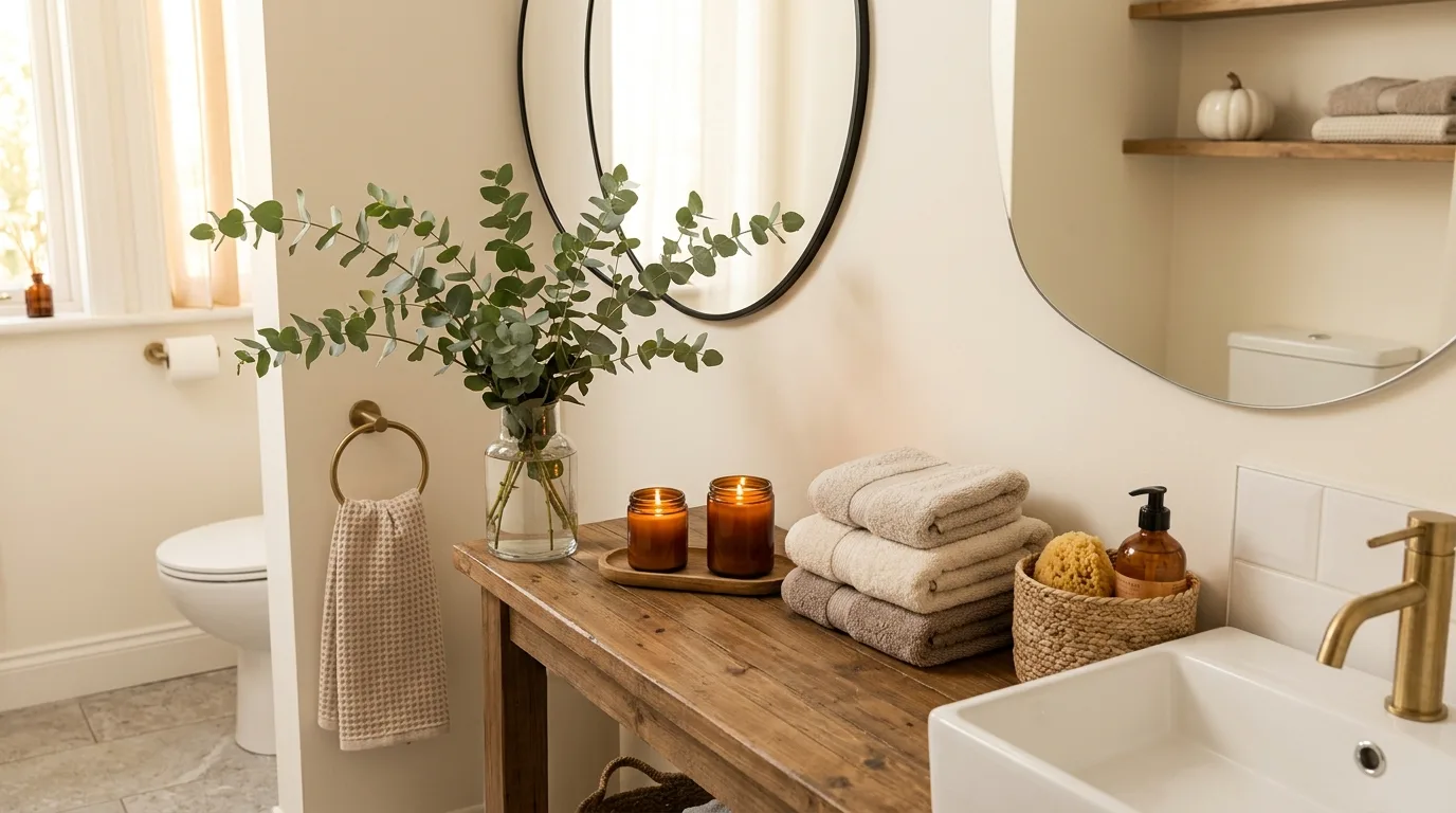 A cozy fall window seat with pumpkin toned pillows and wool throw, no people