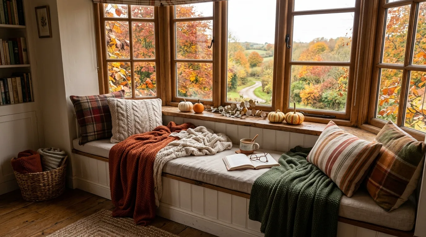 A cozy fall breakfast nook with plaid cushions maple branches and ceramic mugs, no people