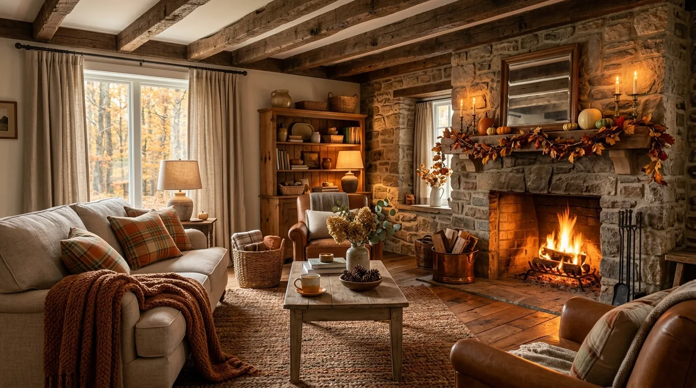 A cozy fall shelf with books pumpkins and tiny brass candleholders, no people