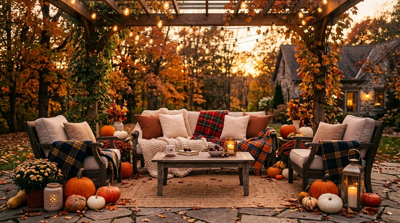 A cozy fall reading chair corner with boucle pillow side table and golden lamp glow, no people