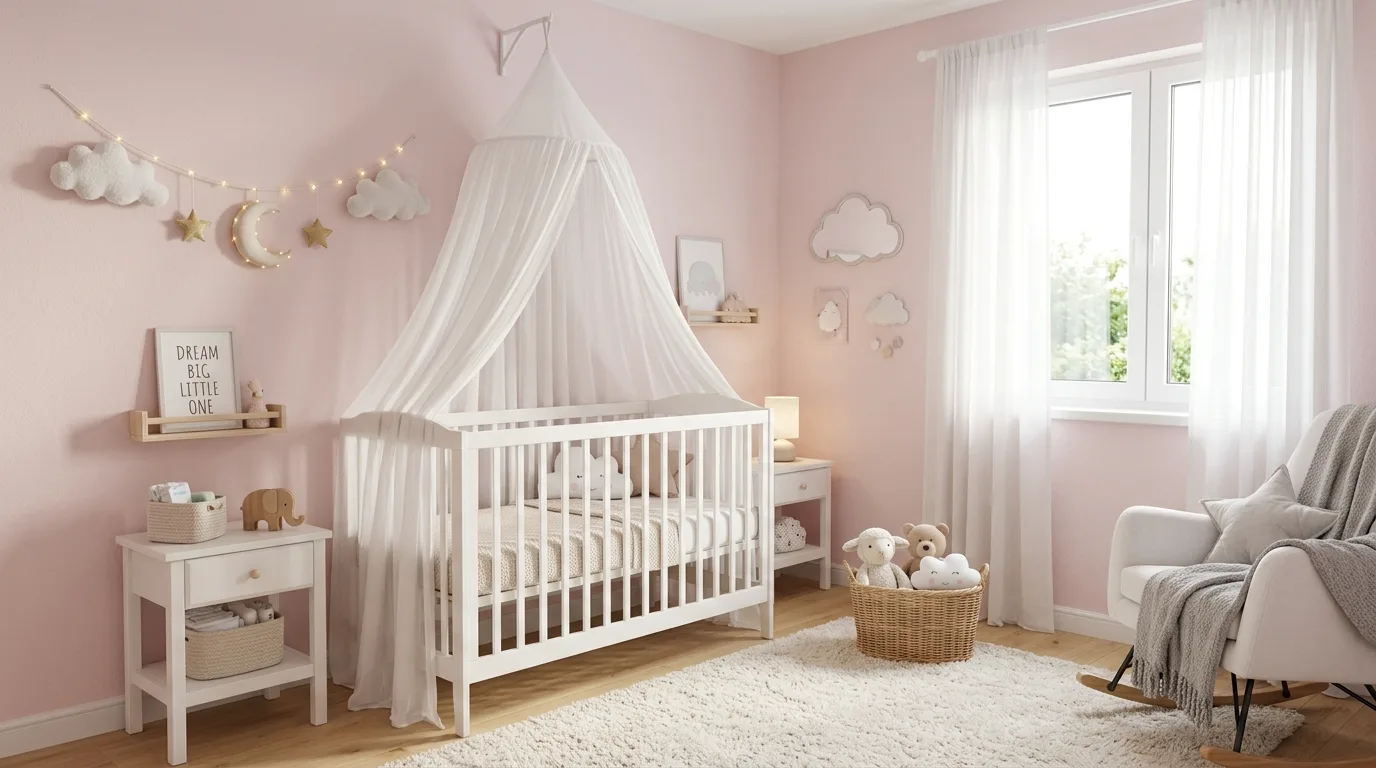 A sweet sage nursery with a spindle crib and floating picture shelves, no people